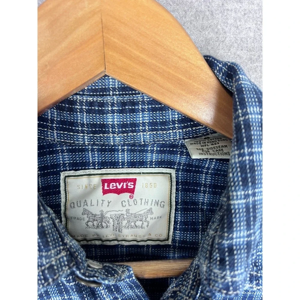 Vintage‎ Levis Quality Clothing Blue Plaid Button Down Cotton Shirt Mens S LS